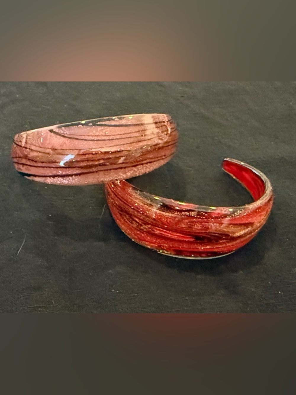 Set of Two Glass Cuff Bracelets - Gold/Red and Purple/Gold